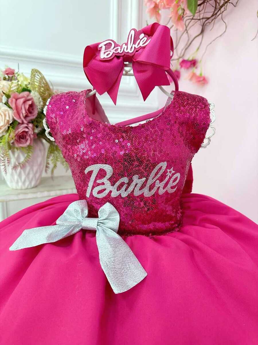 Vestido Infantil Barbie Pink Busto Paetê e Broche de Lacinho