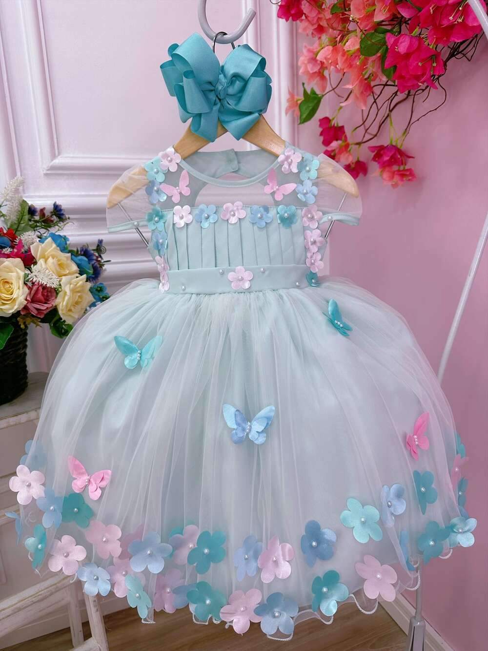 Vestido Infantil Verde Busto Plissado Com Flores Borboleta