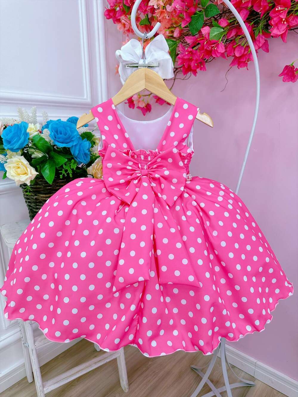 Vestido Infantil Barbie Rosa Chiclete C/ Bolinhas Brancas