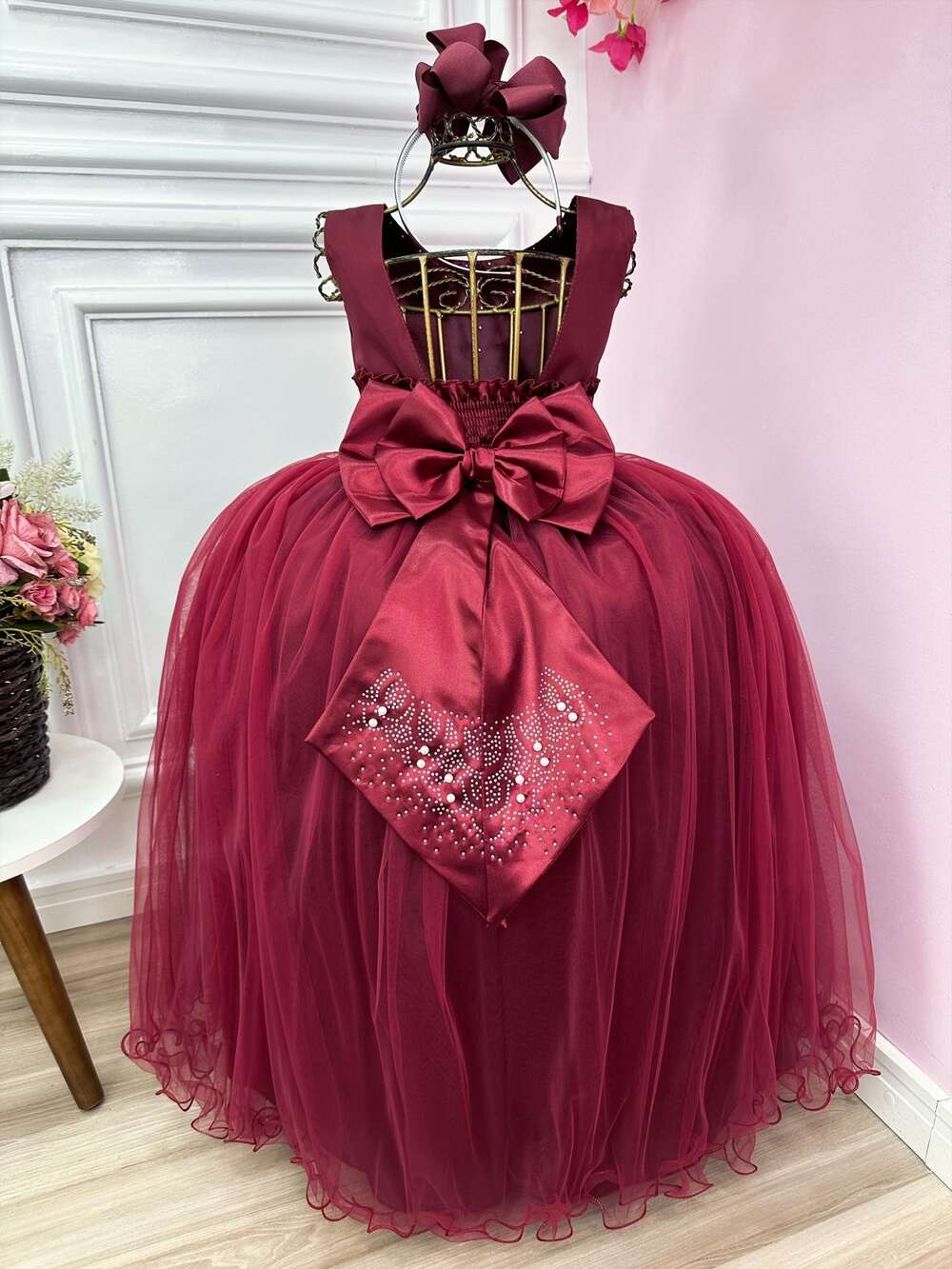 Vestido Infantil Damas de Honra Longo Marsala Strass Pérolas