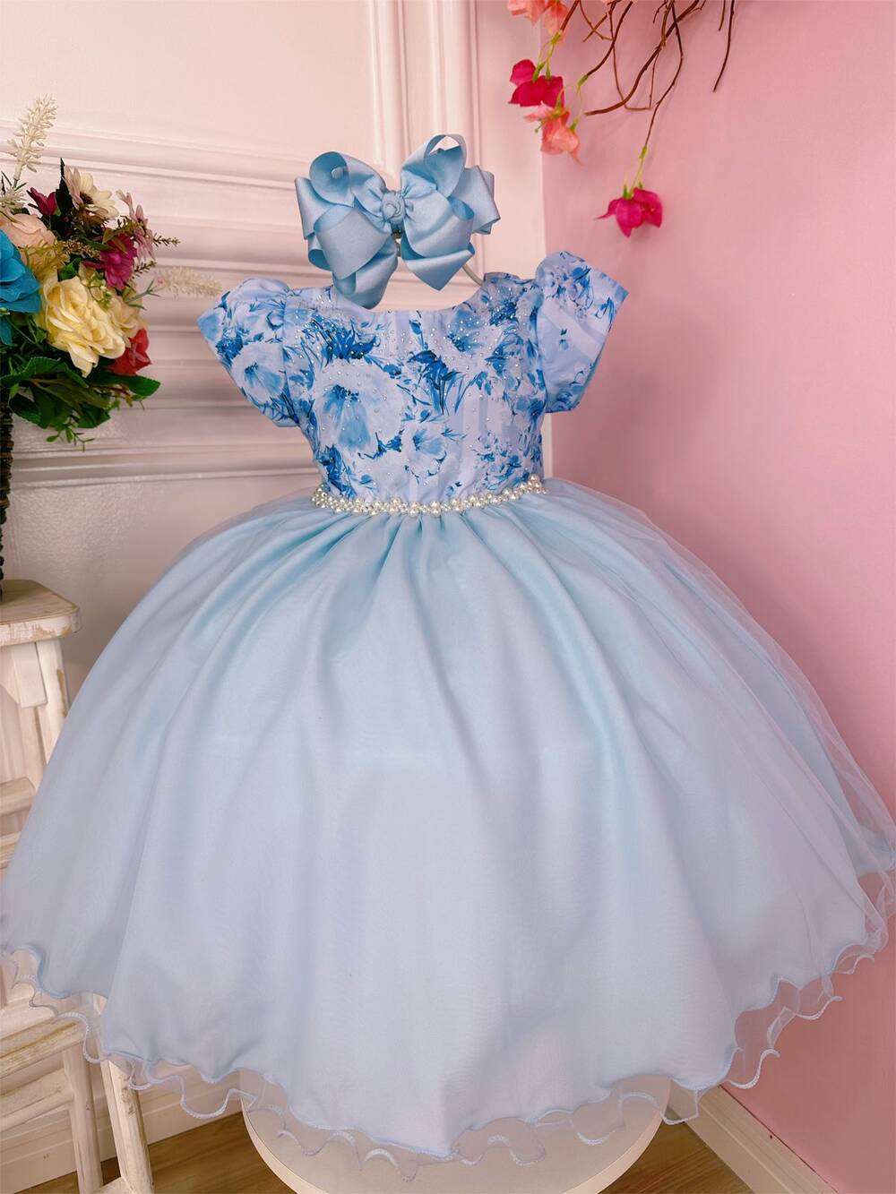 Vestido Infantil Azul Bebê C/ Peito Strass Florido Luxo