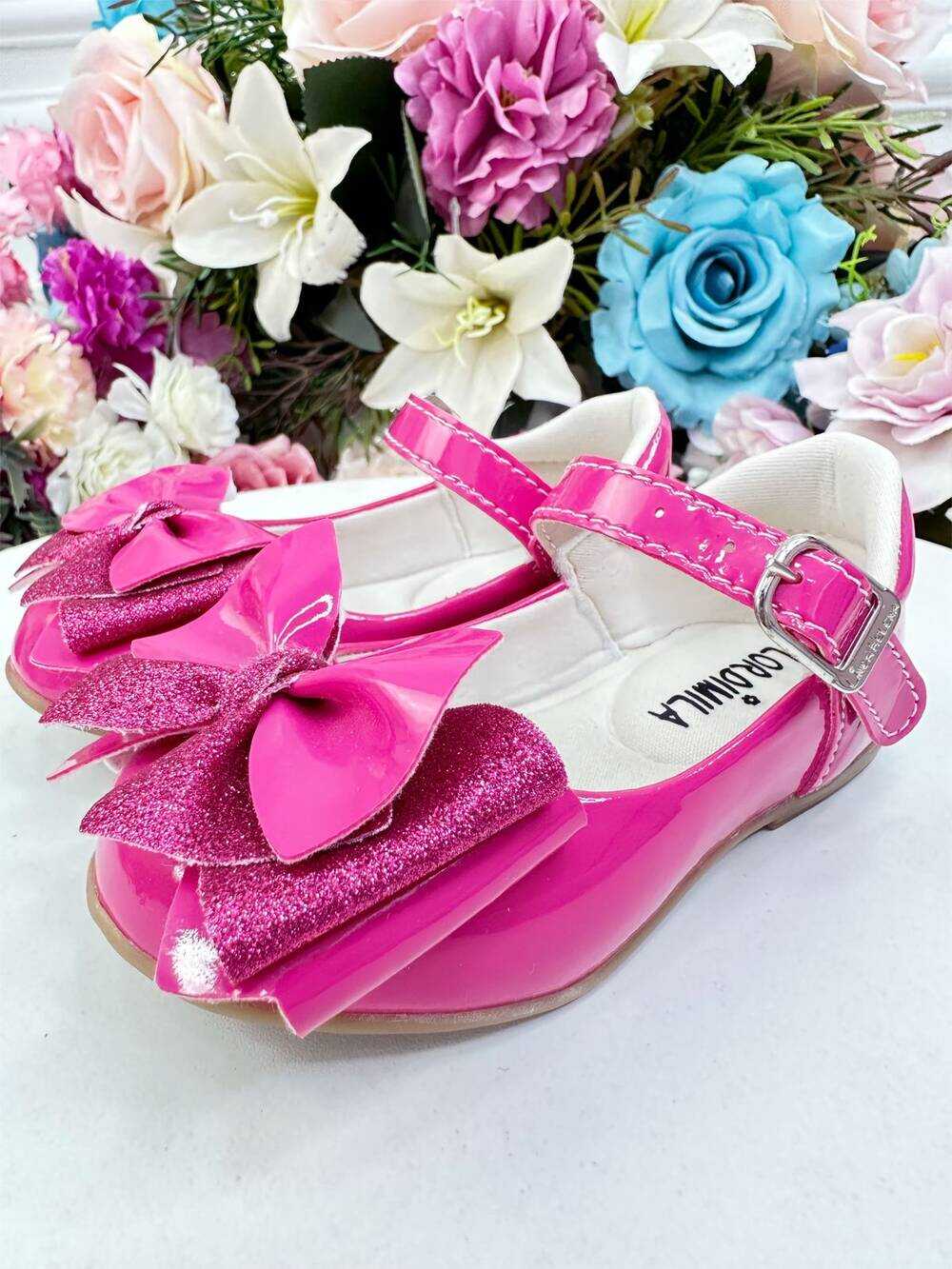 Sapatinho Pink Verniz Com Lacinho e Glitter Super Luxo