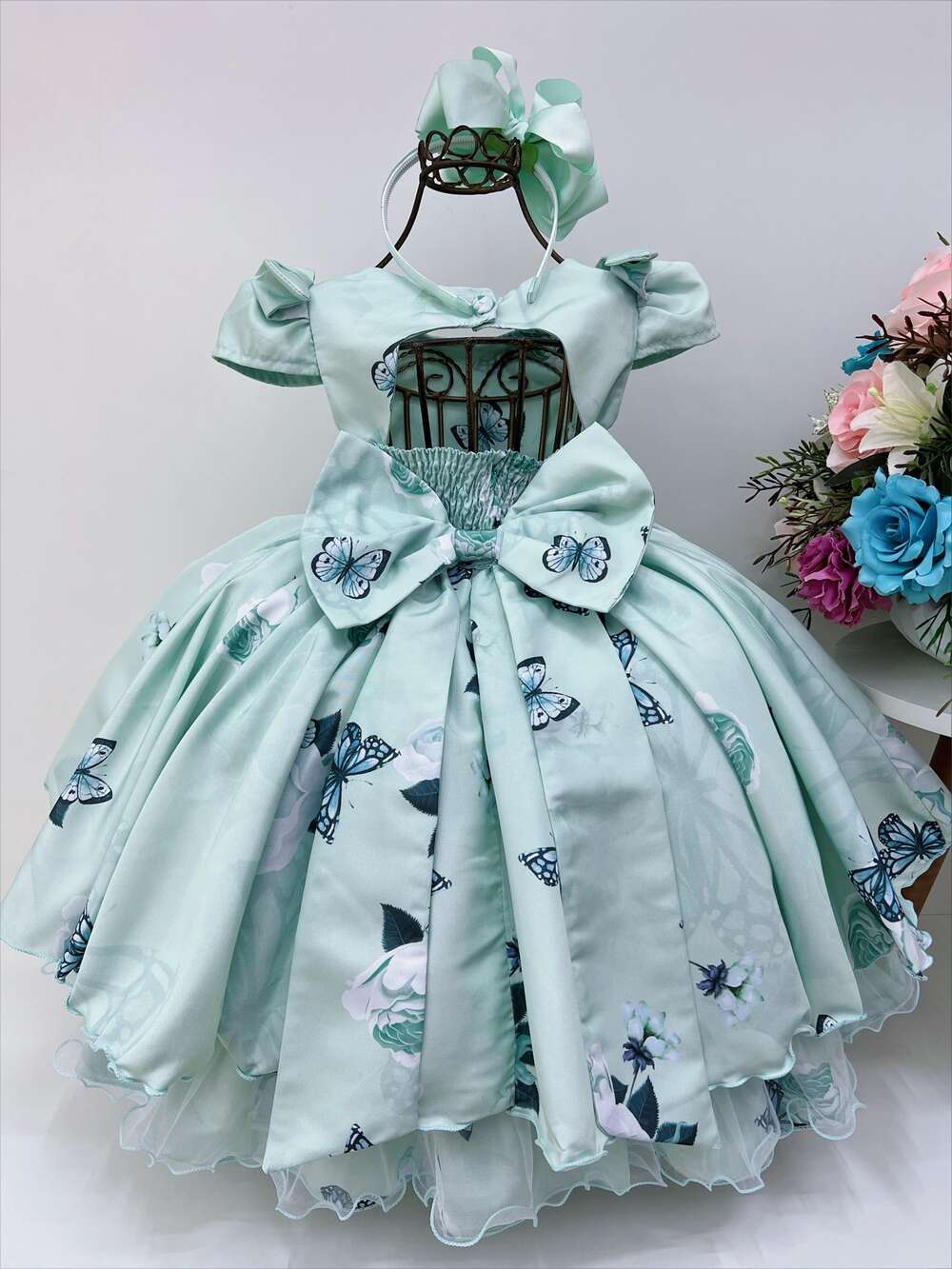 Vestido Infantil Verde Jardim das Borboletas Broche Flor