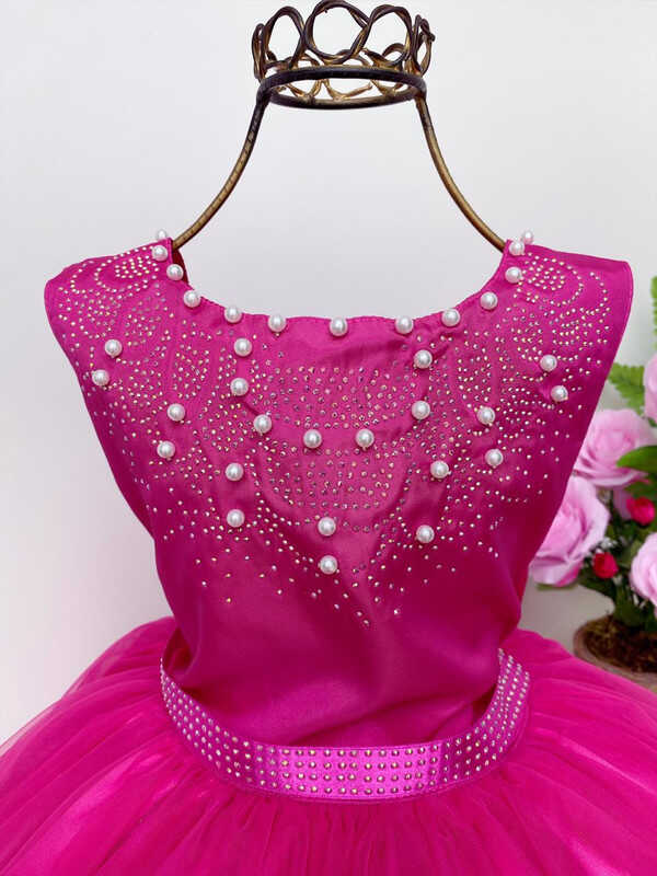 Vestido Infantil Damas de Honra Longo Pink Strass e Pérolas