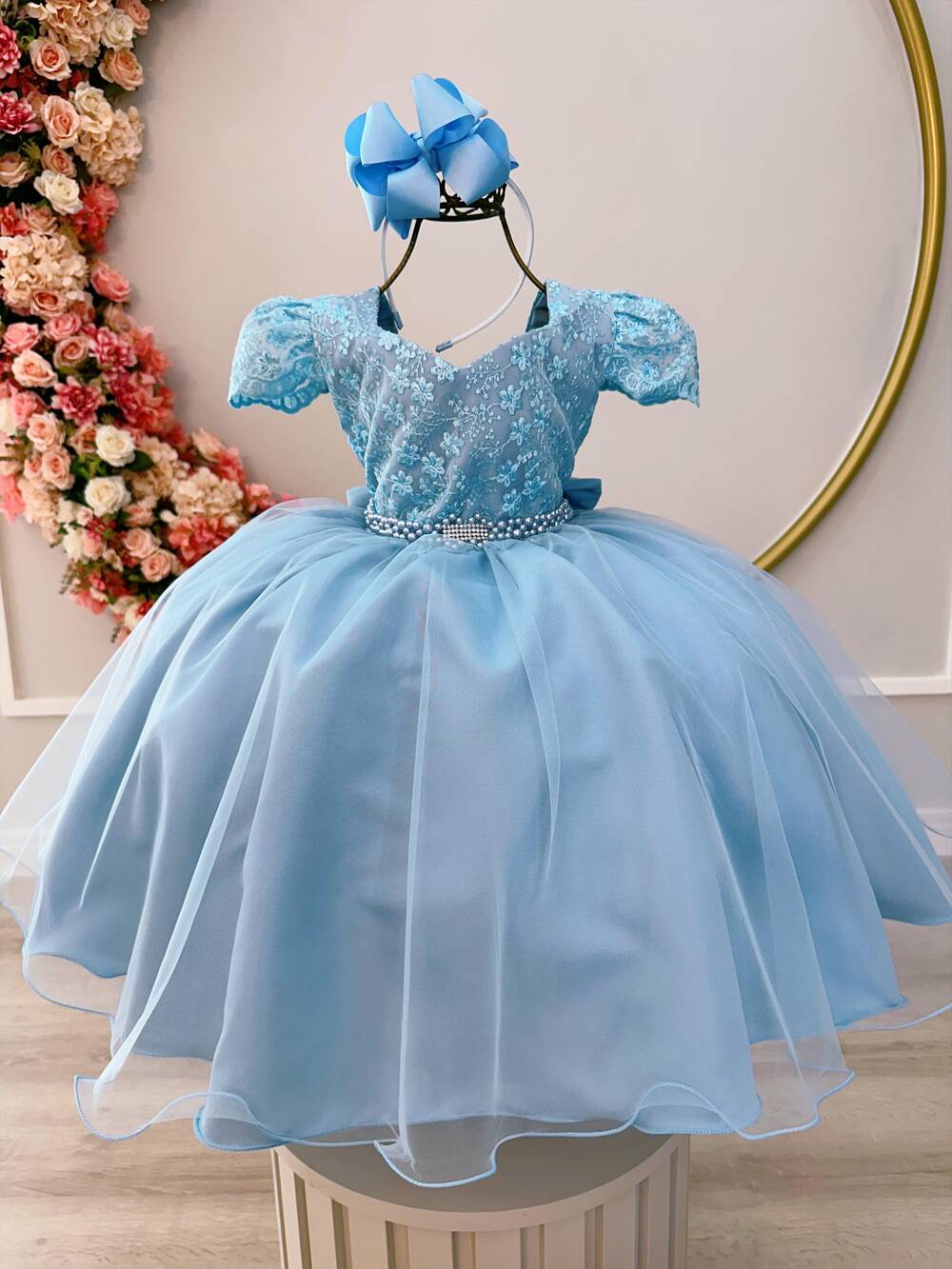 Vestido Infantil Azul C/ Renda e Cinto de Pérolas Festas