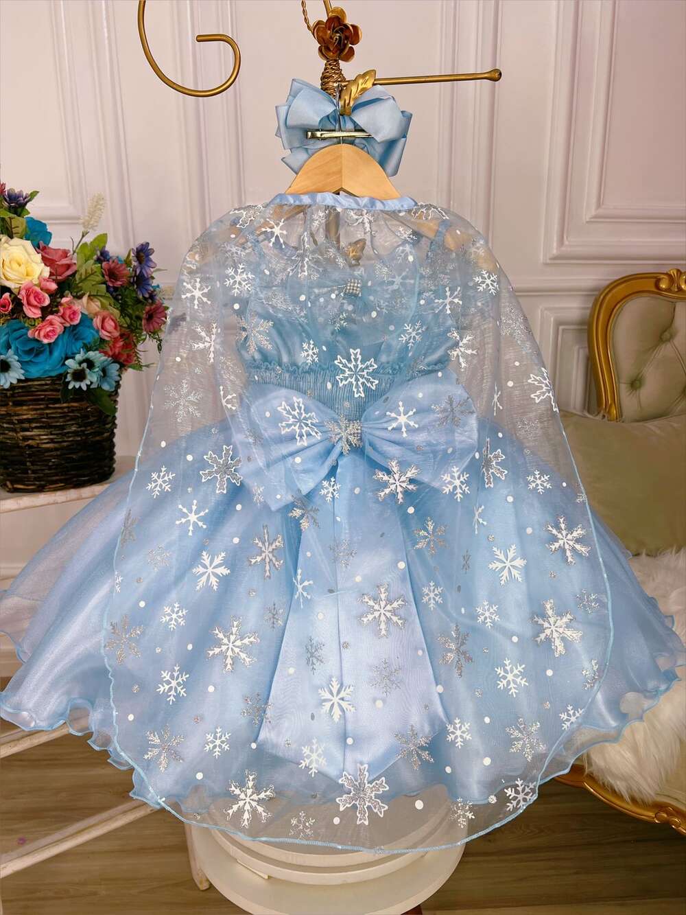 Vestido Infantil Frozen com Capa e Laço Festa Princesas Luxo