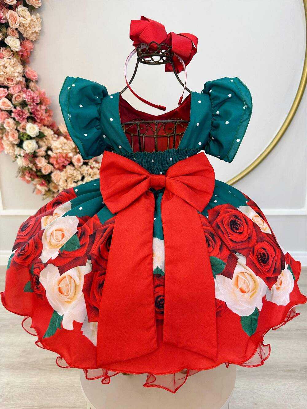 Vestido Infantil Verde Florido C/ Cinto Pérolas Natal Festas