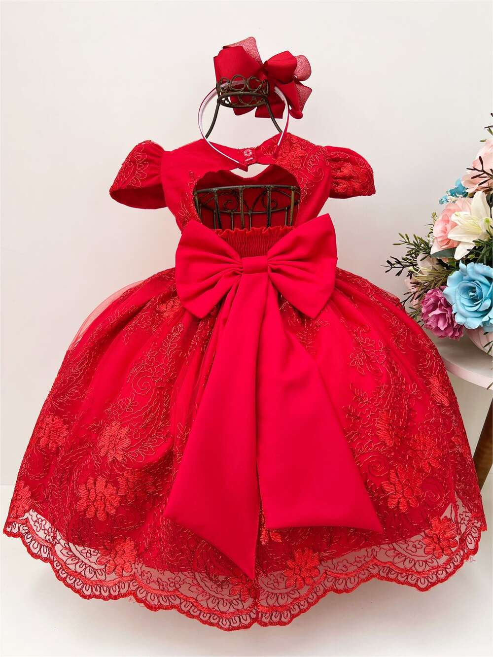 Vestido Infantil Vermelho Renda Realeza Luxo Cinto Pérolas