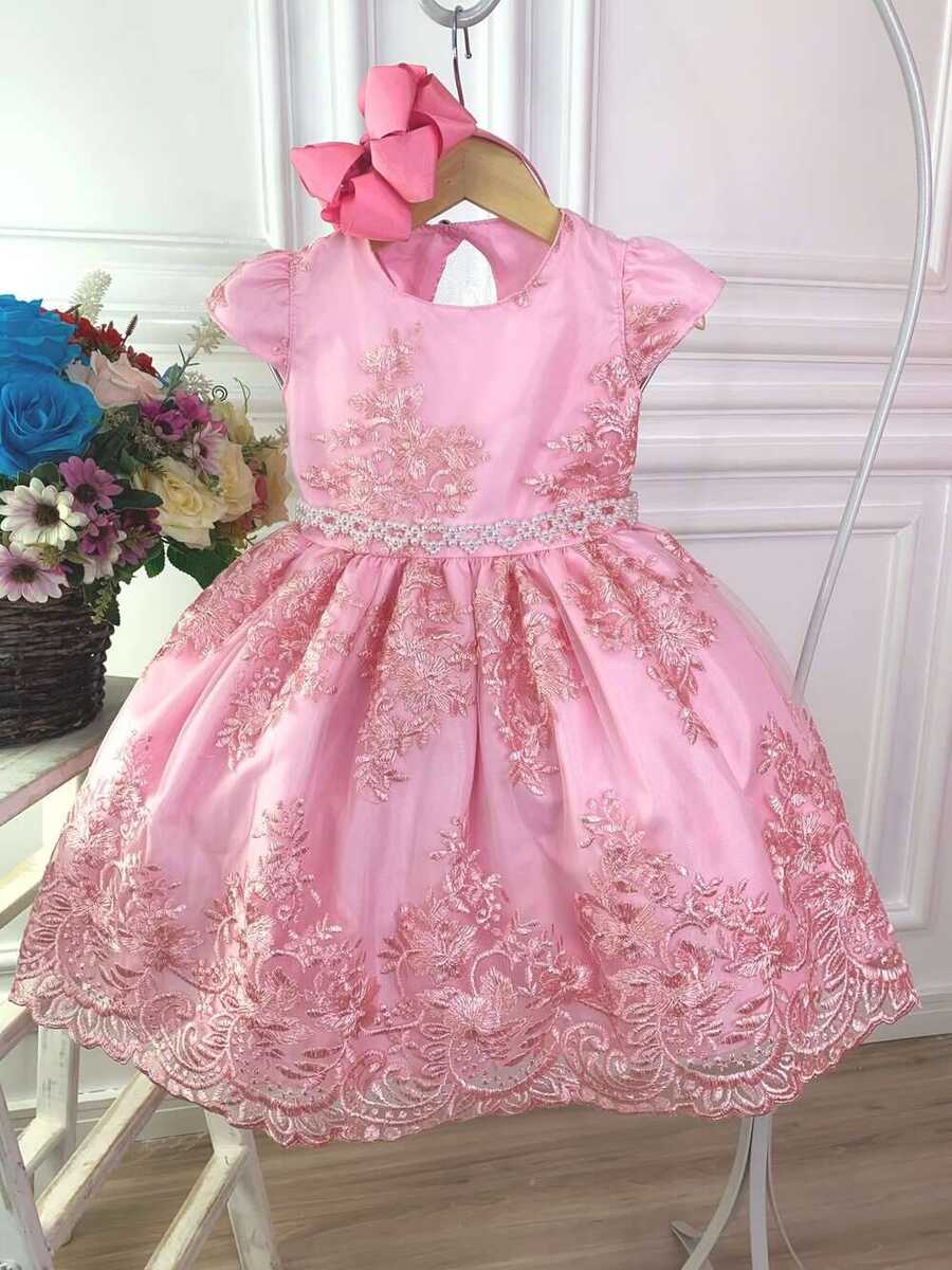 Vestido Infantil Rosa Com Renda Realeza e Cinto Pérolas