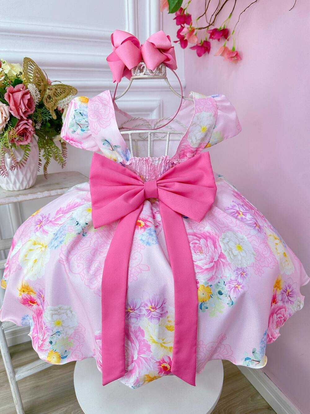 Vestido Infantil Rosa Jardim das Flores Com Pérolas Festas