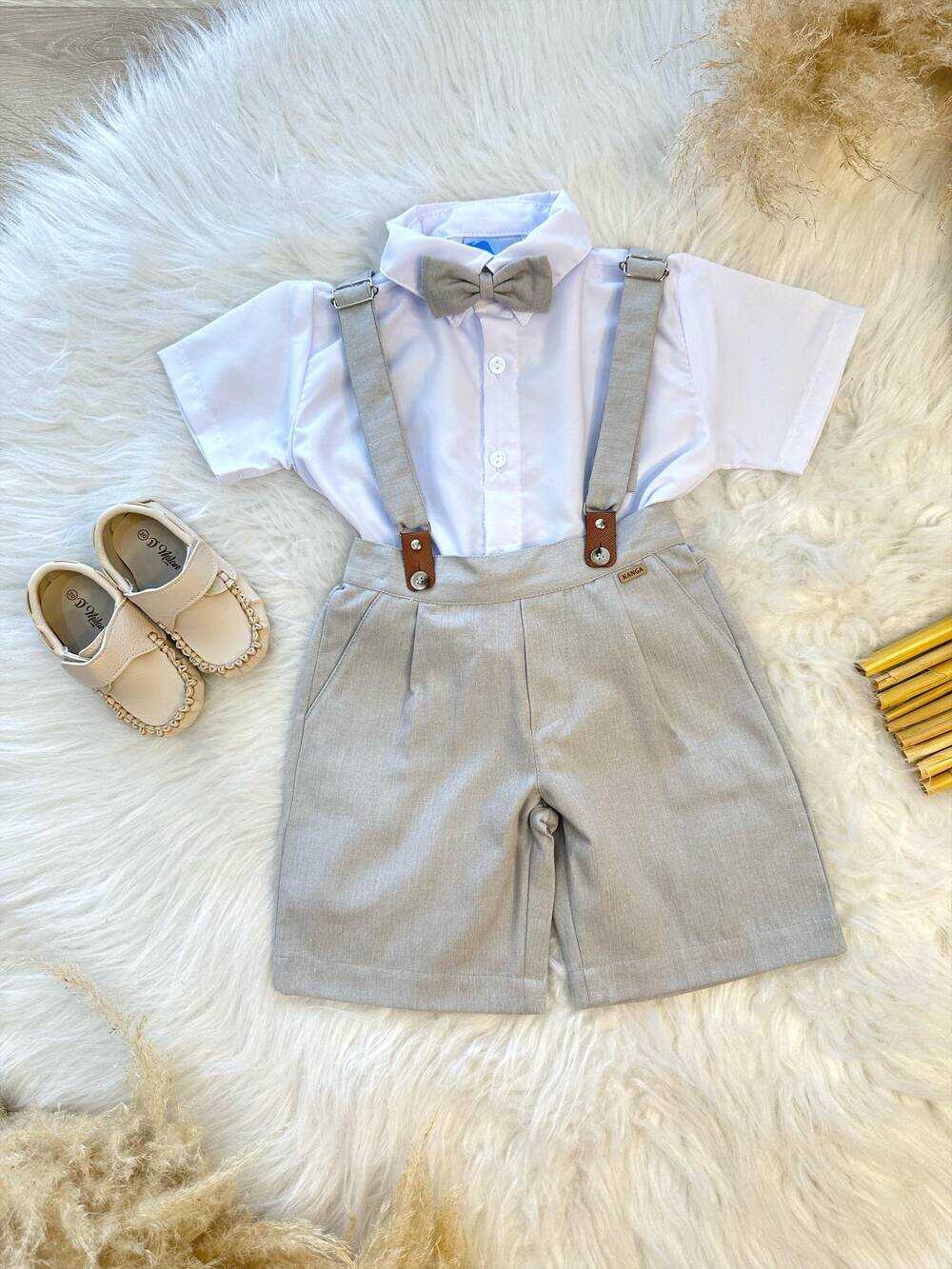 Conjunto Social Camisa Short Gravata e Susp. Cinza