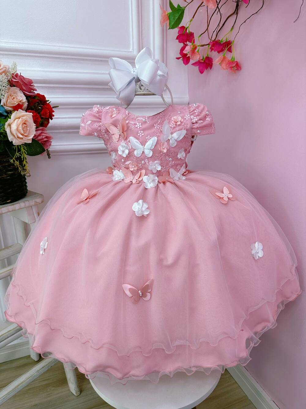 Vestido Infantil Rose C/ Renda e Aplique Borboletas e Flores