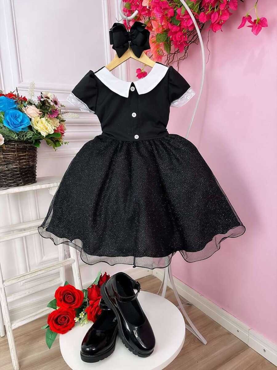 Vestido Infantil Wandinha Preto Saia C/ Glitter