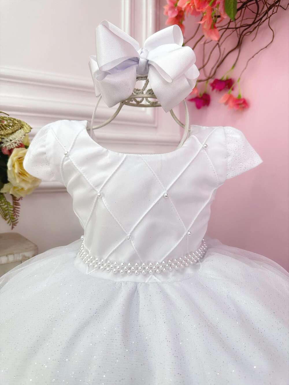 Vestido Infantil Branco Neve Busto Nervura C/ Pérolas Festas