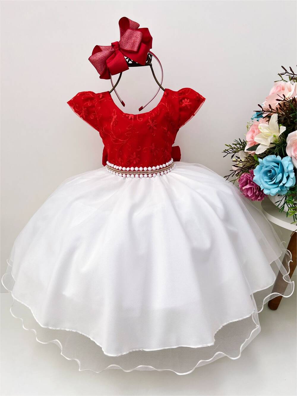 Vestido Infantil Vermelho C/ Renda e Saia Off Cinto Pérolas