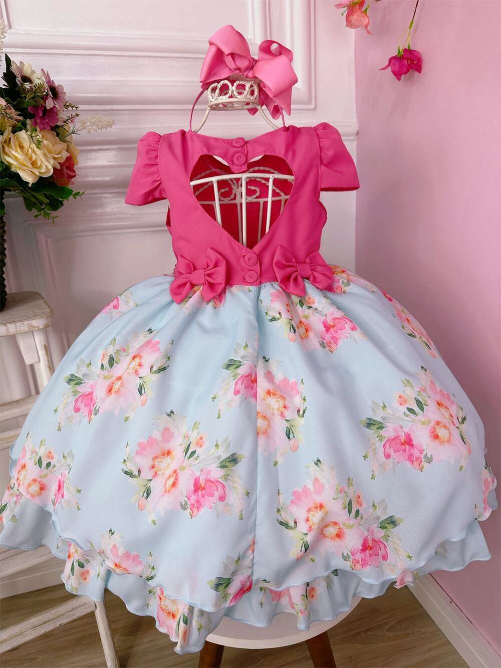 Vestido Infantil Rosa Chiclete Peito Nervura Florido Pérolas