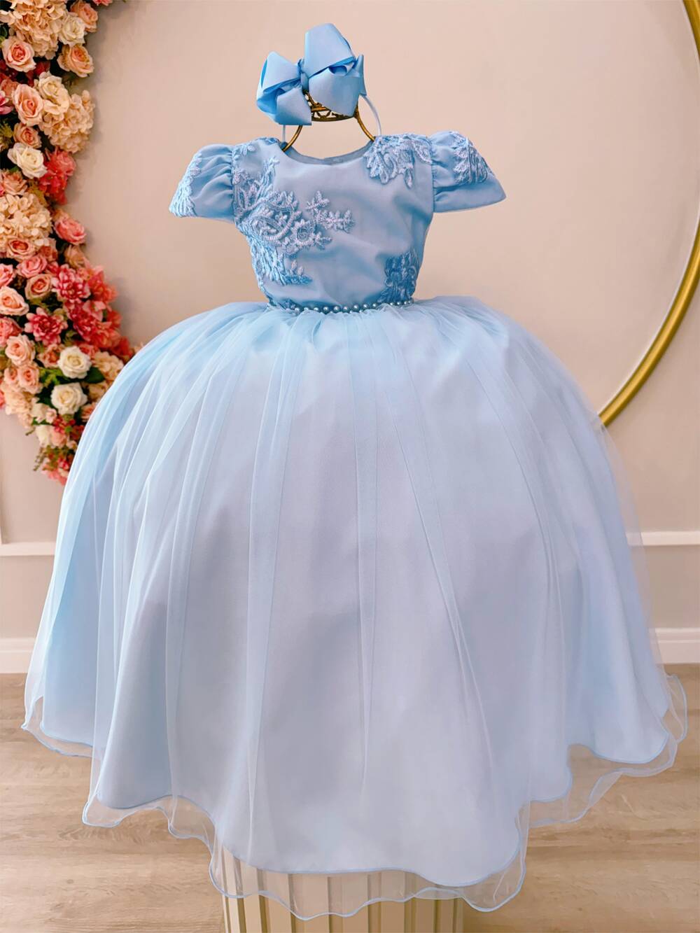 Vestido Infantil Azul Bebê Damas Luxo C/ Renda e Pérolas