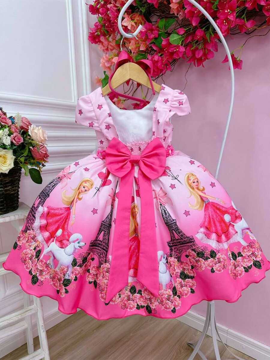 Vestido Infantil Barbie em Paris Rosa e Pink Cinto Pérolas