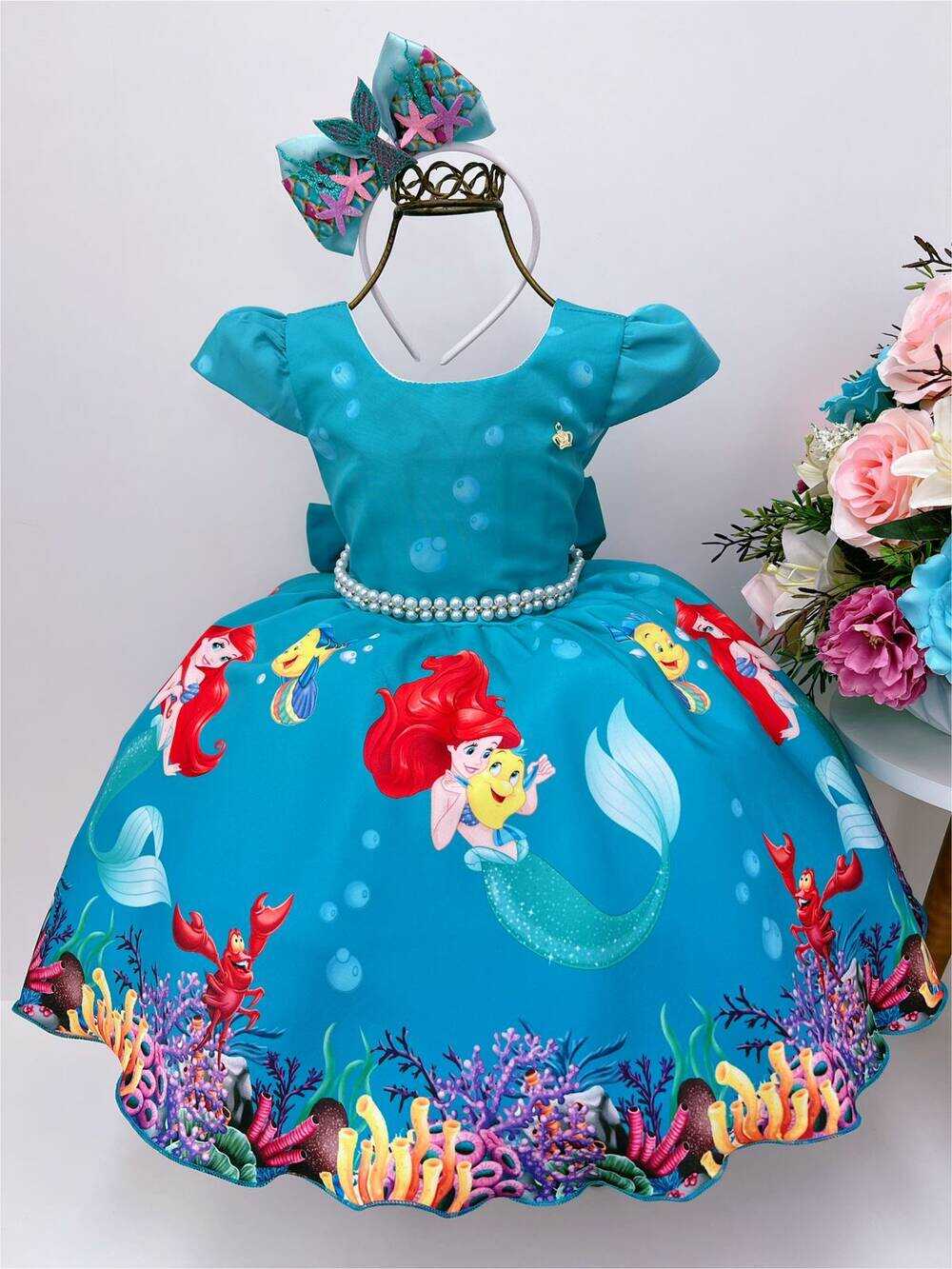 Vestido Infantil Ariel Linguado Fundo Mar Pérolas