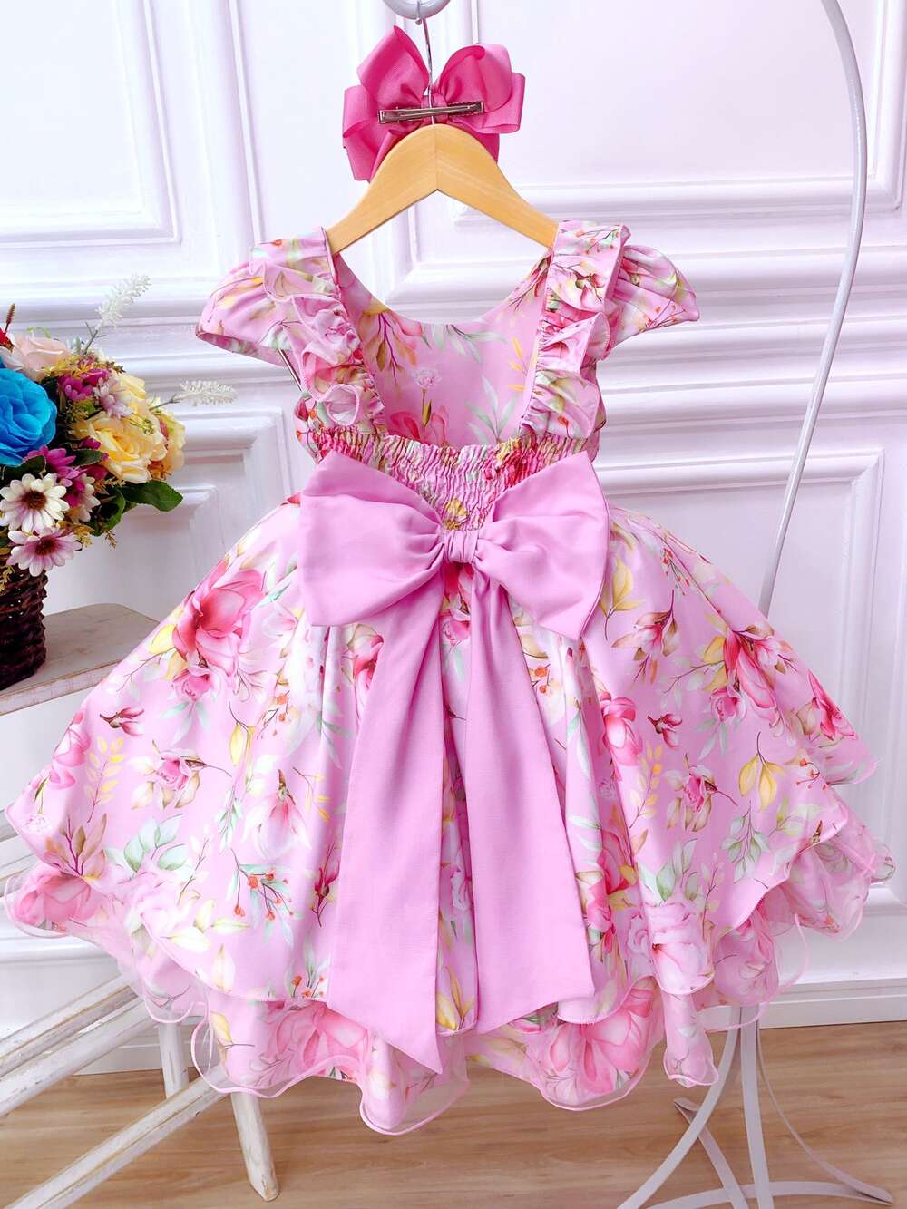 Vestido Infantil Rosa Peito Nervura Florido C/ Cinto Pérolas