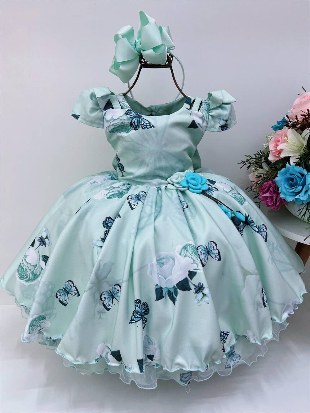 Vestido Infantil Verde Jardim das Borboletas Broche Flor