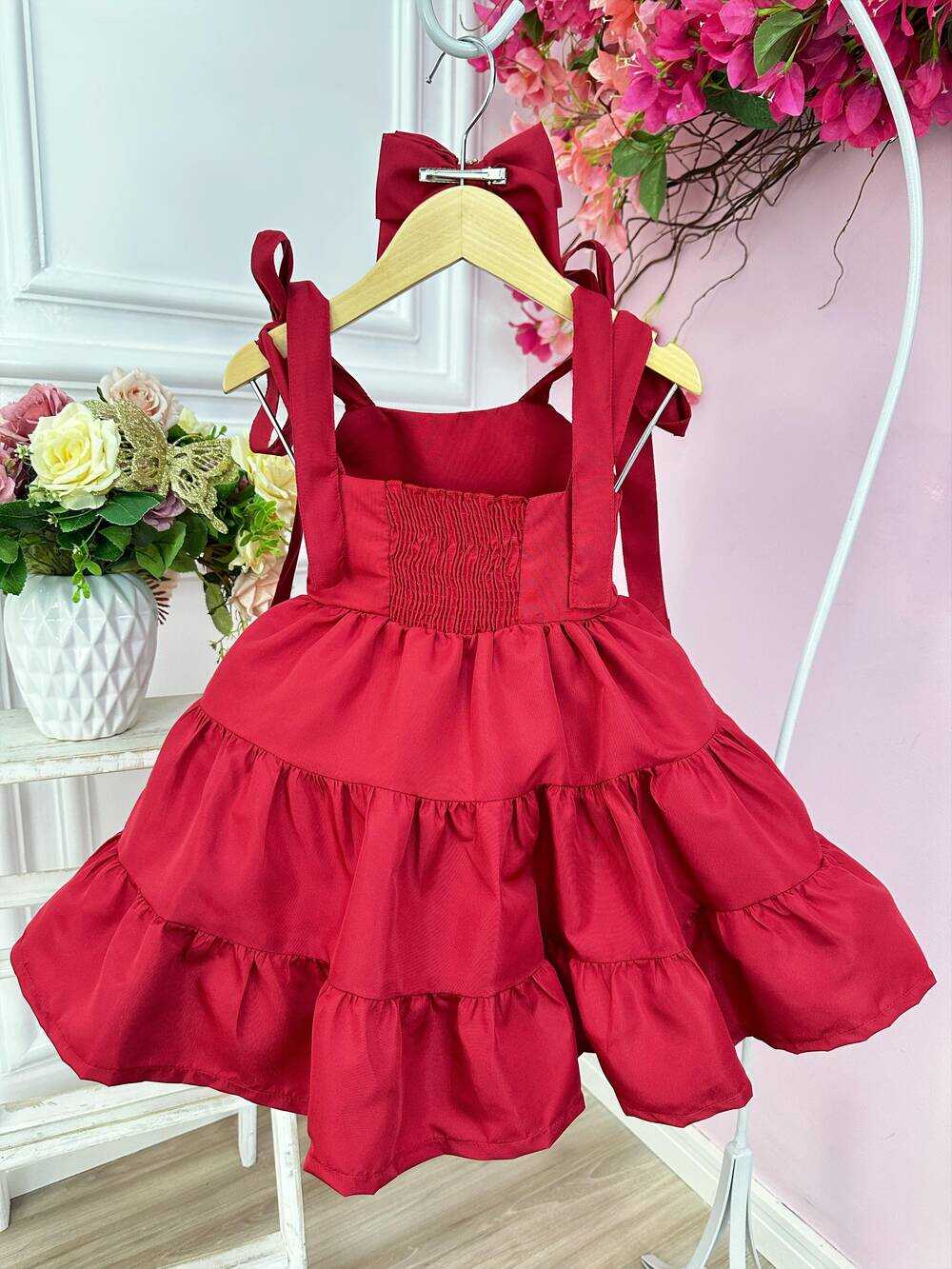 Vestido infantil Vermelho Escuro Strass Busto e Laço Festas