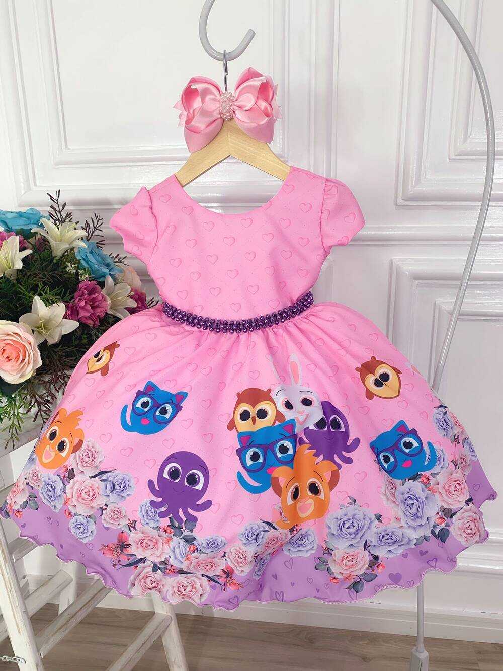 Vestido Infantil Rosa Bolofofos Florido C/ Cinto de Pérolas