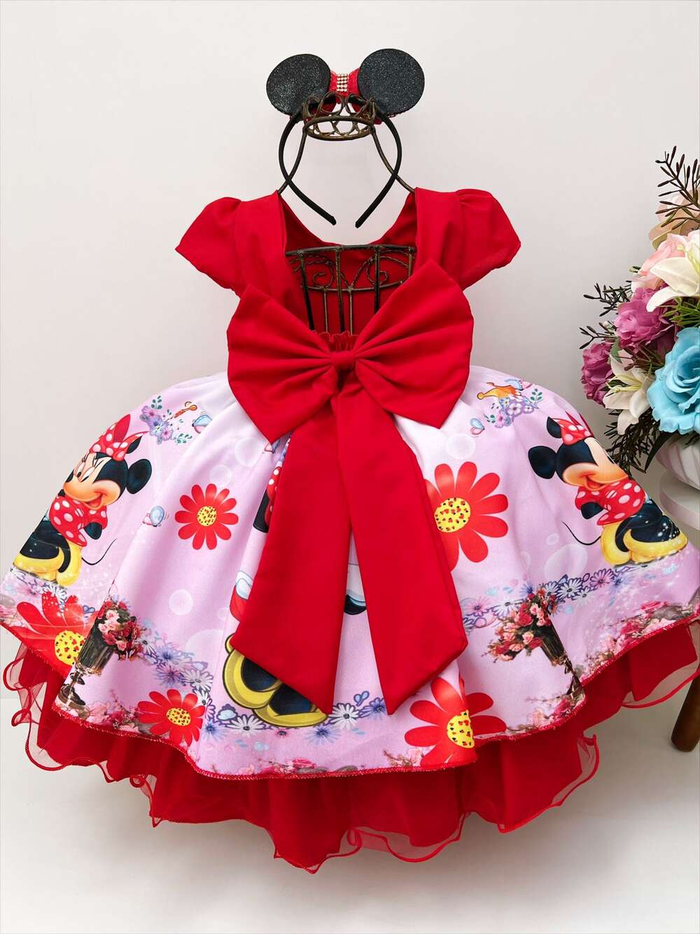 Vestido Infantil Minnie Vermelha Florido Strass e Pérolas