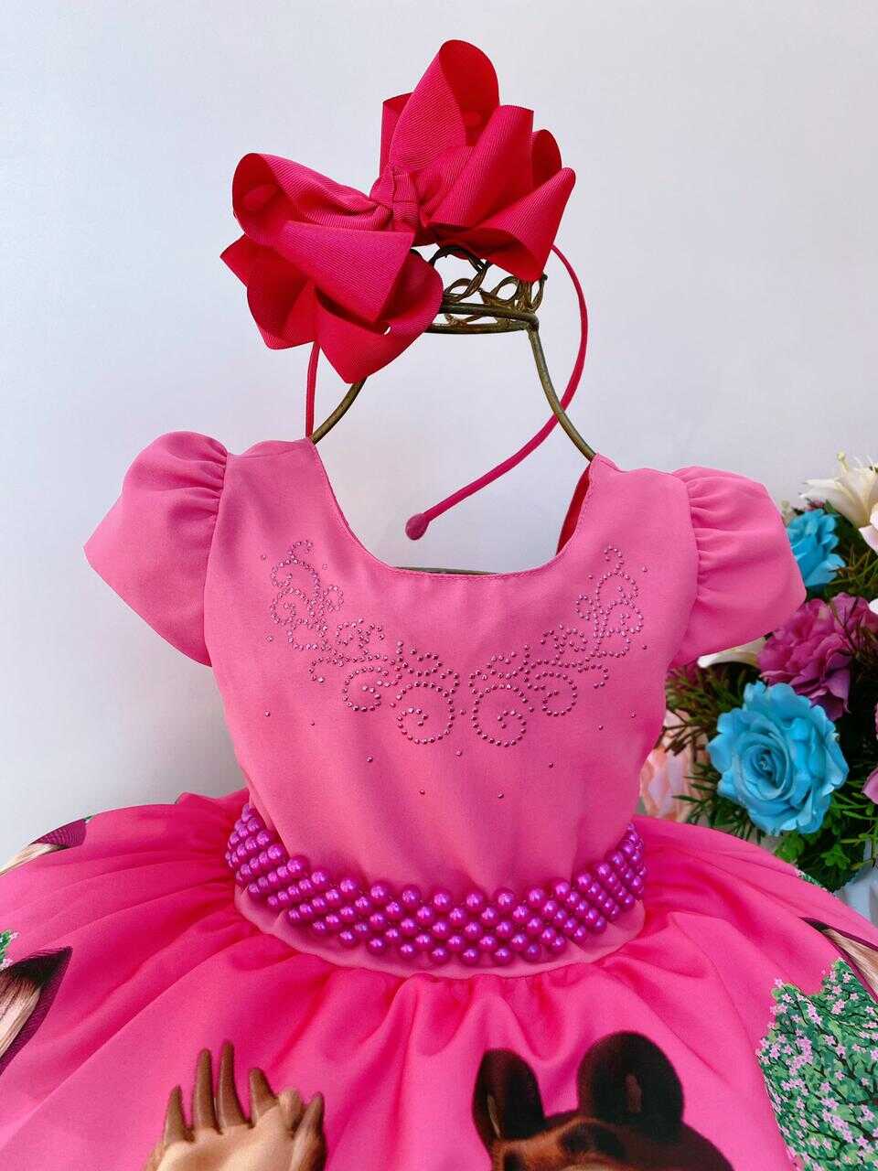 Vestido Infantil Masha e o Urso Pink Strass e Cinto de Pérolas