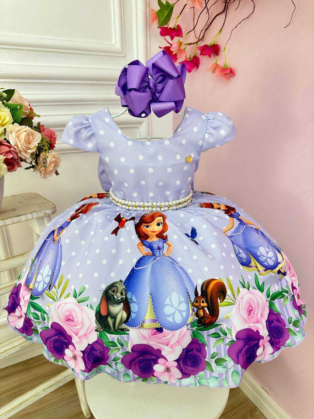 Vestido Infantil Lilás Bolinhas Princesa Sofia Cinto Pérolas