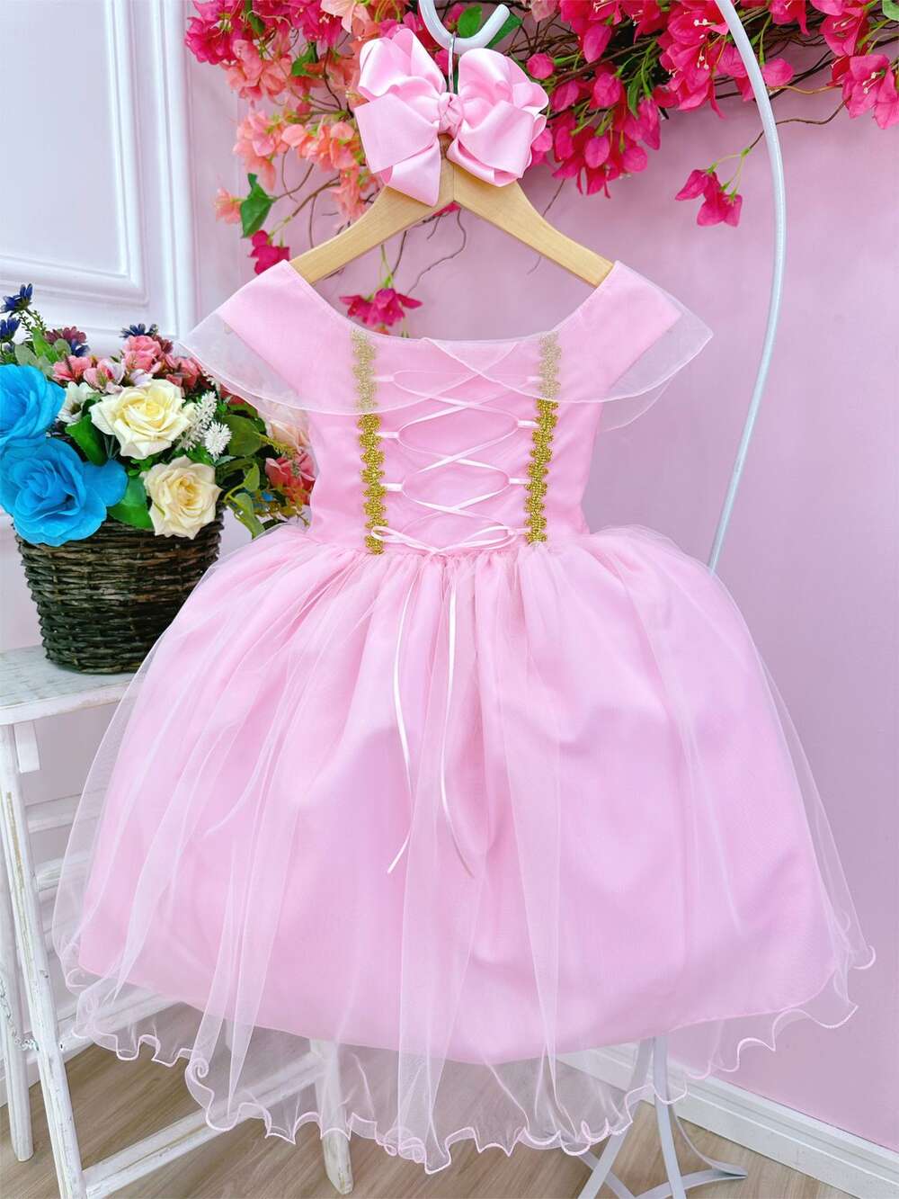 Vestido Infantil Princesa Aurora Com Busto Trançado