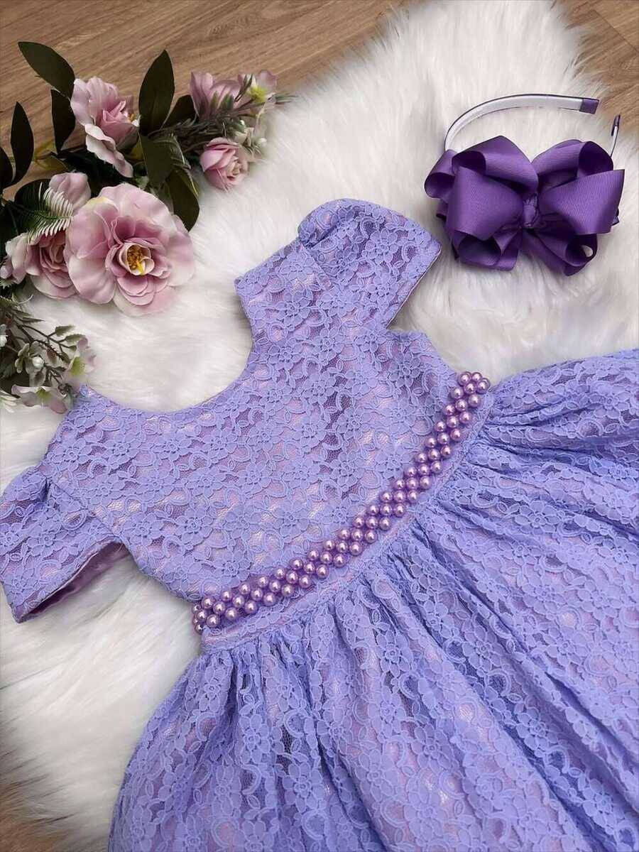 Vestido Infantil Realeza Lilás Renda e Pérolas Festa Luxo