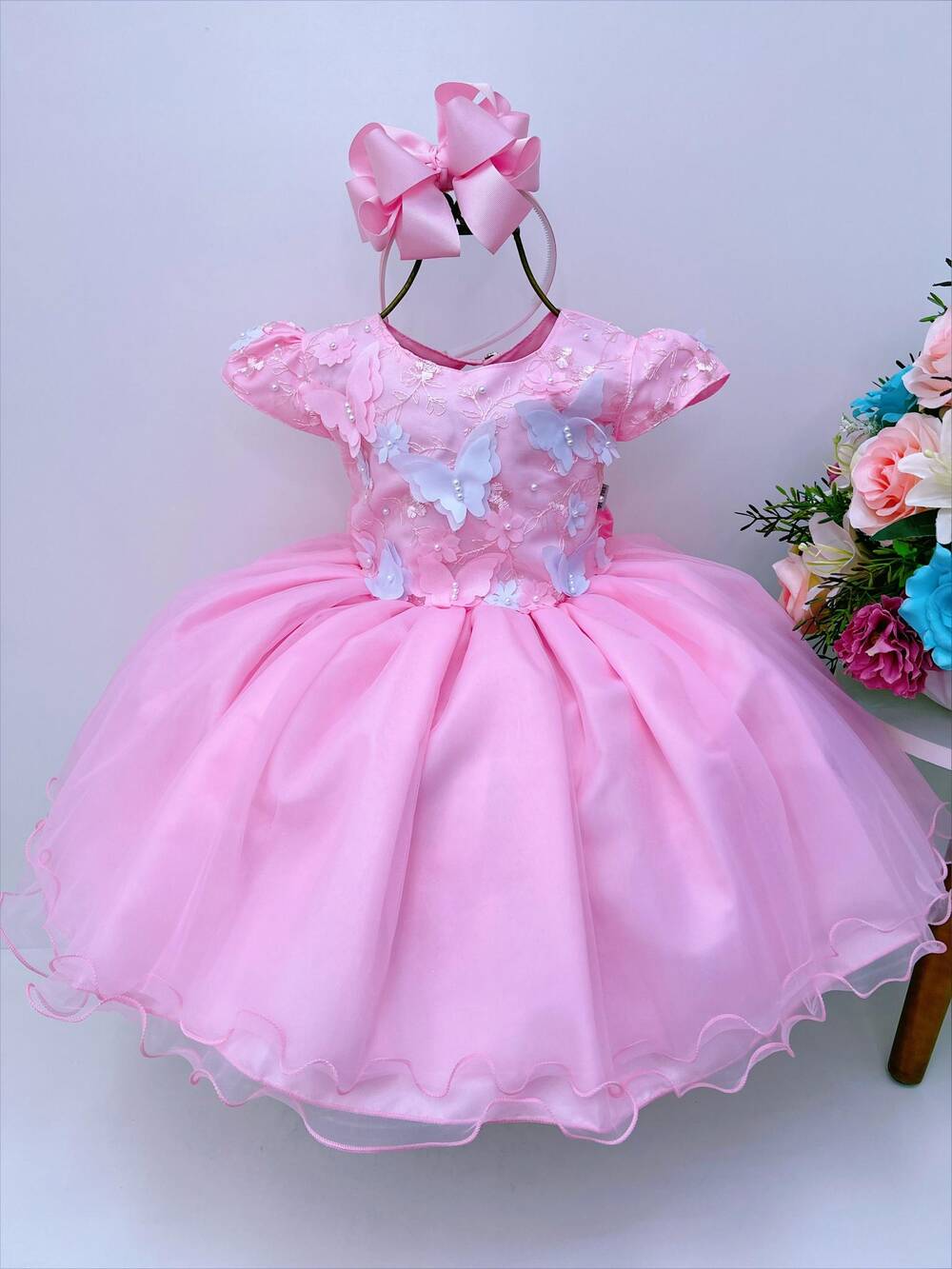 Vestido Infantil Rosa Aplique Borboletas Flores Renda Luxo