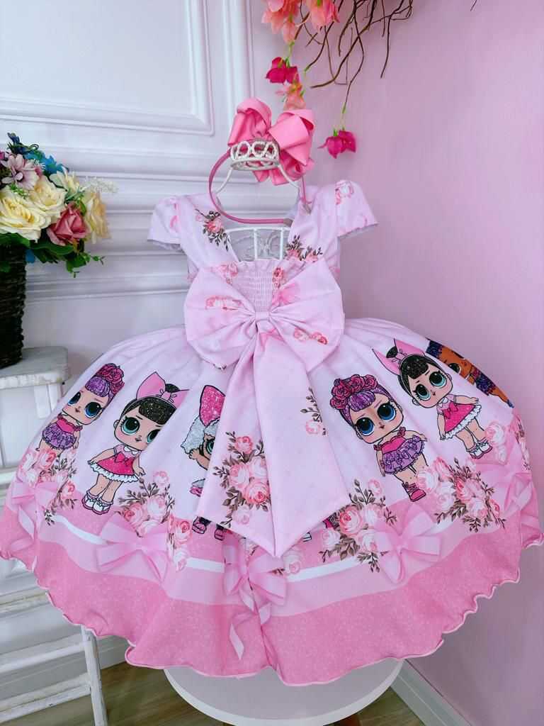 Vestido Infantil Lol Rosa Flores e Cinto de Pérolas Luxo