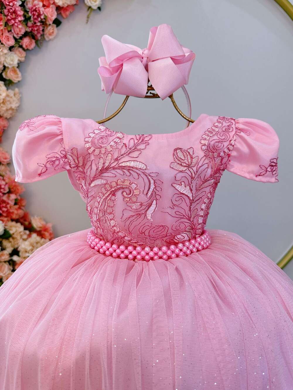 Vestido Infantil Rosa Realeza C/ Renda e Pérolas Damas