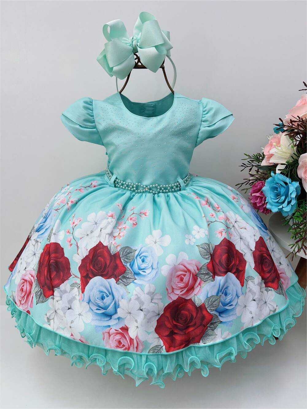 Vestido Infantil Verde Peito Strass e Pérolas Florido