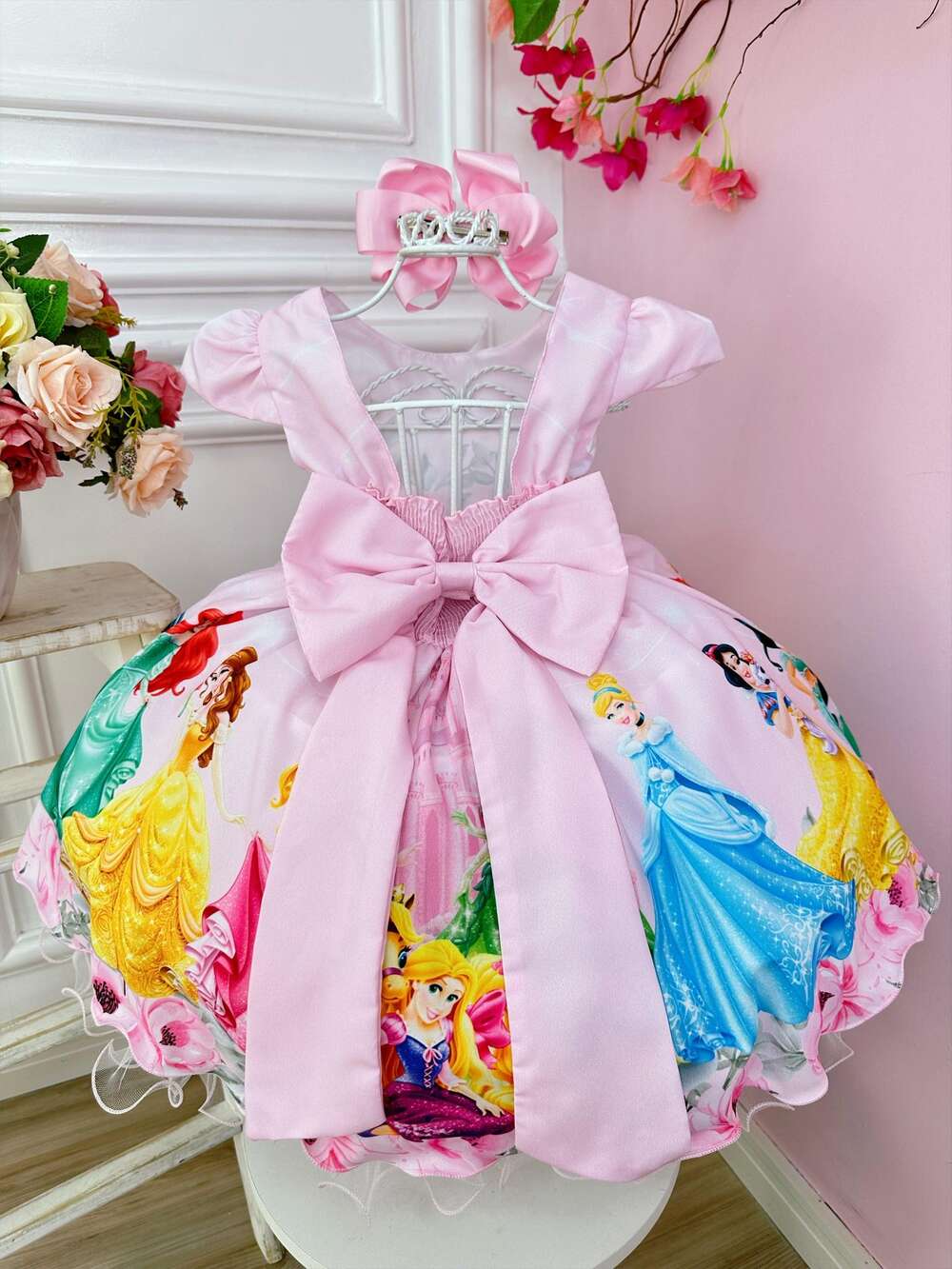 Vestido Infantil Rosa Pérolas Princesas Floral Castelo Luxo