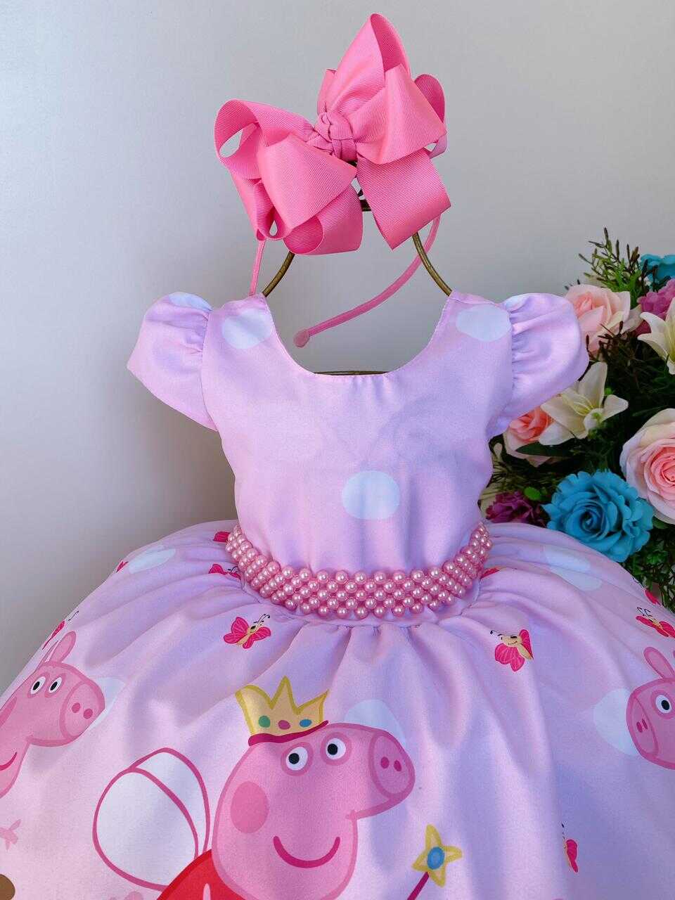 Vestido Infantil Peppa Pig Rosa Flores Cinto de Pérolas Luxo