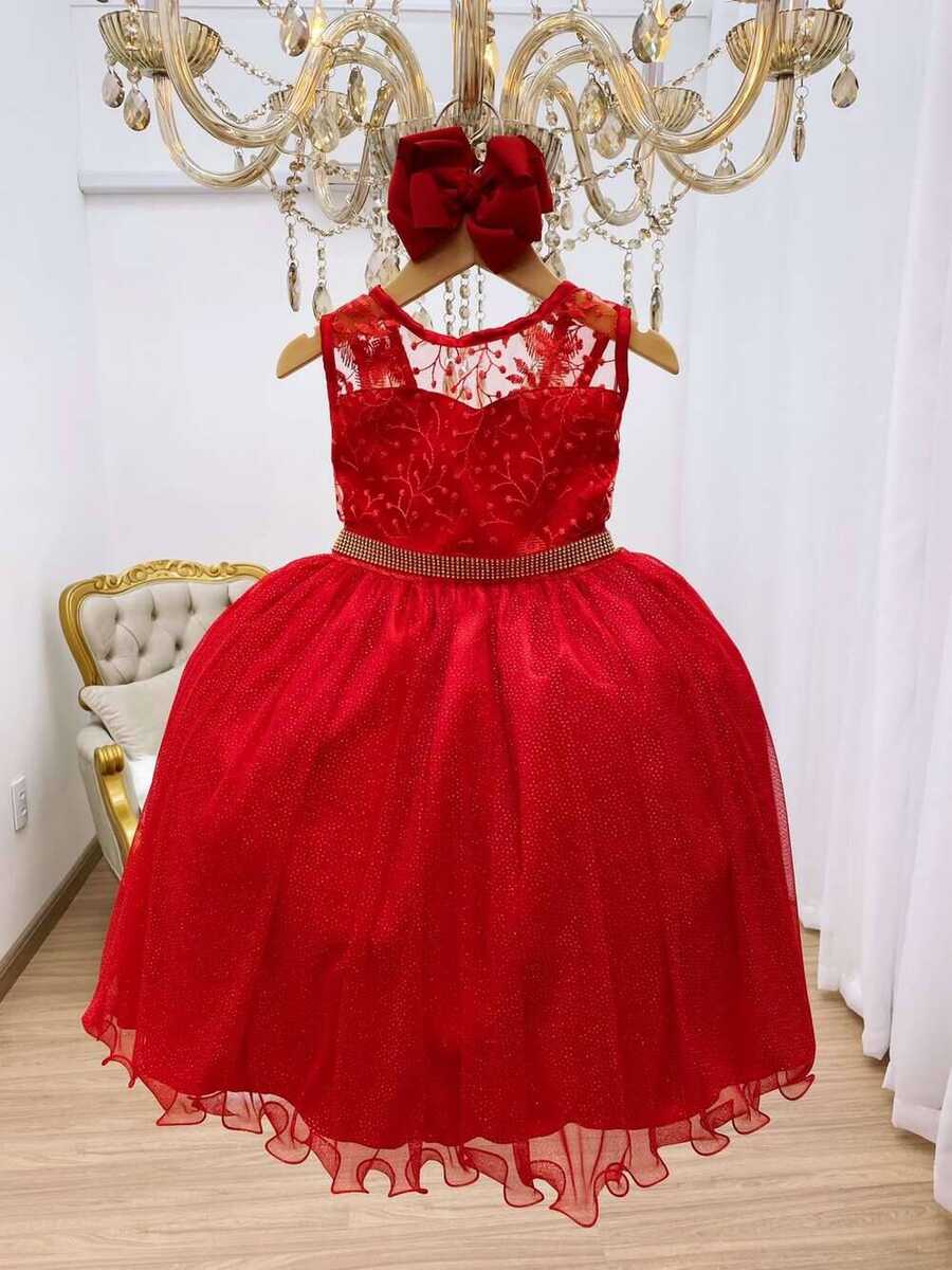 Vestido Infantil Vermelho Renda e Tule C/ Brilho Luxo