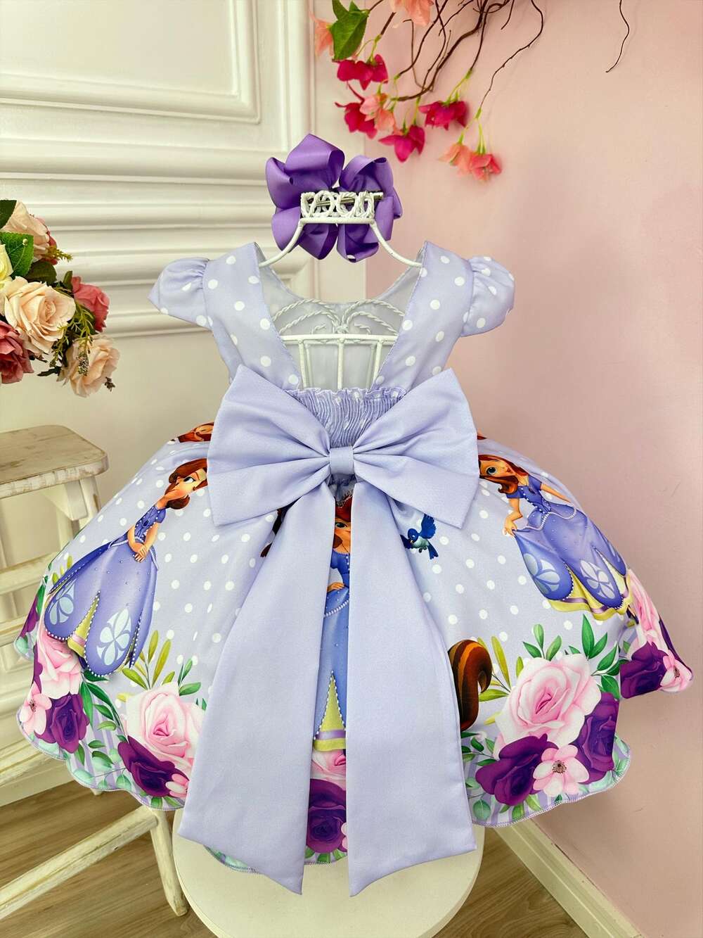 Vestido Infantil Lilás Bolinhas Princesa Sofia Cinto Pérolas