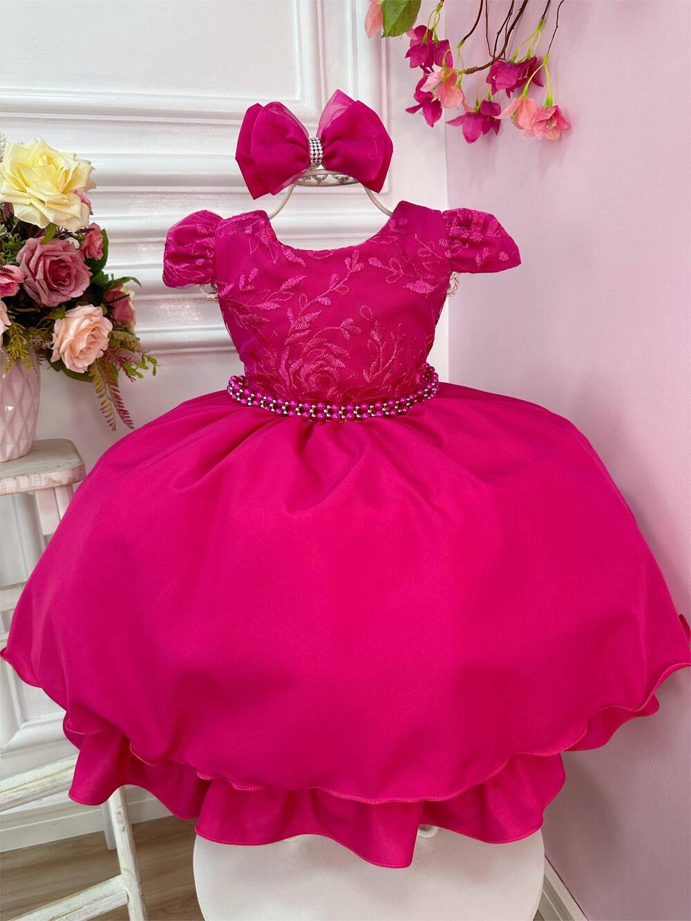 Vestido Infantil Pink C/ Laço e Renda Cinto de Pérolas