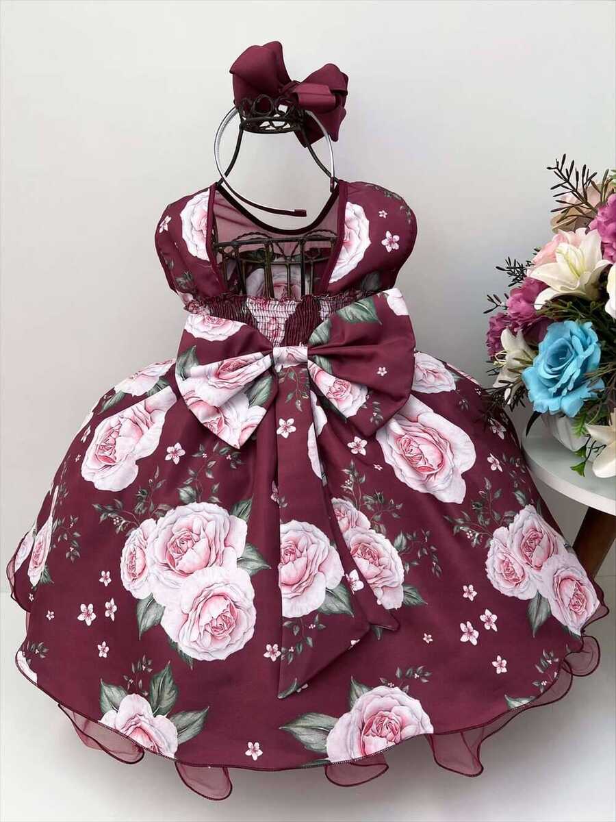 Vestido Infantil Marsala Rosas Peito Strass Pérolas