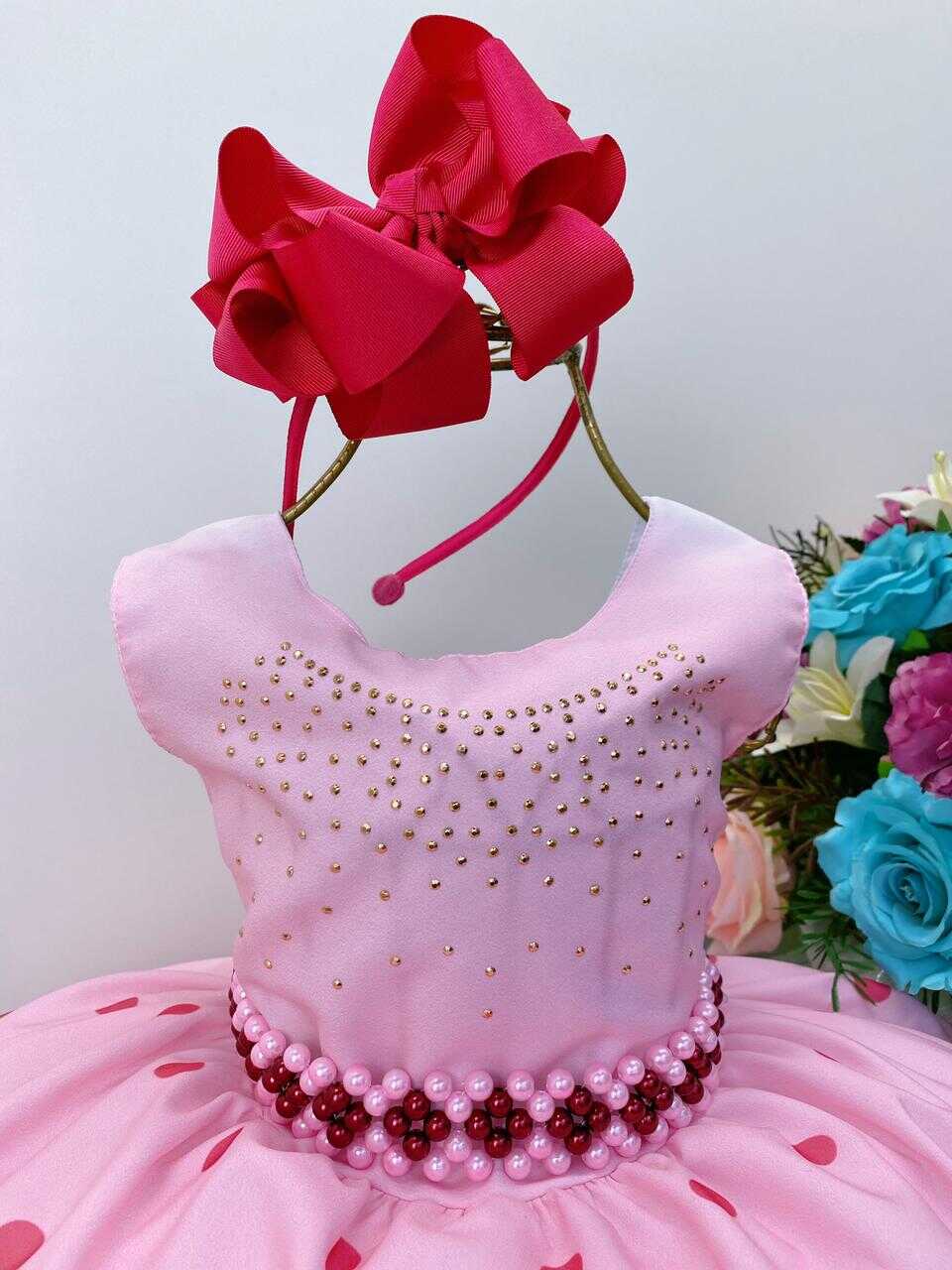 Vestido Infantil Rosa Floral Cinto Pérolas e Strass no Peito