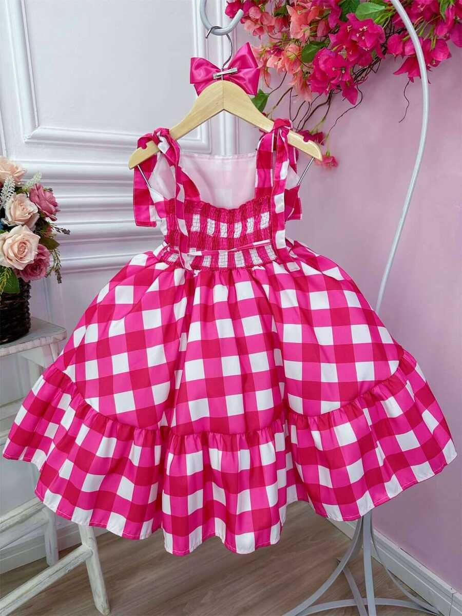 Vestido Infantil Barbie Xadrez Pink Com Laço