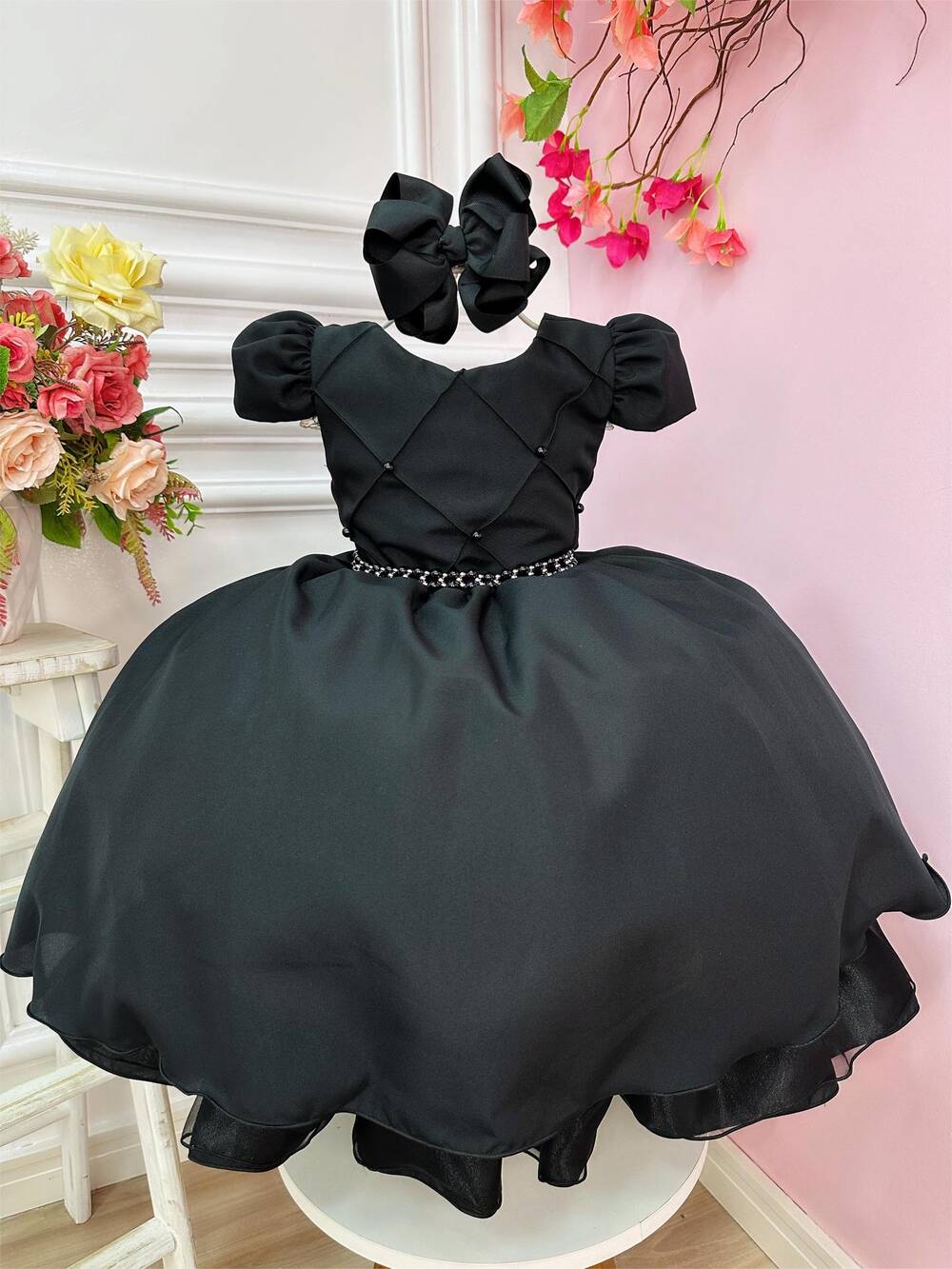 Vestido Infantil Preto C/ Cinto de Pérolas Casamentos