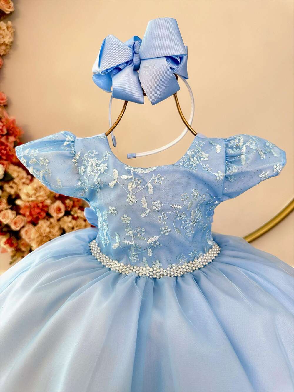 Vestido Infantil Azul Bebê C/ Renda e Cinto de Pérolas Festas