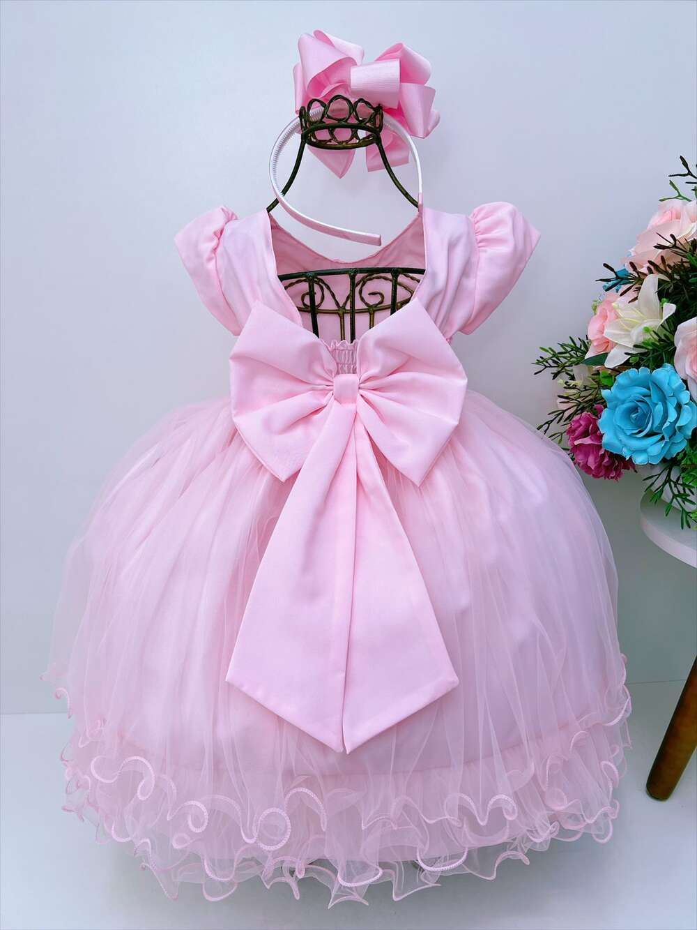 Vestido Infantil Rosa Peito C/ Nervura Pérolas Daminhas