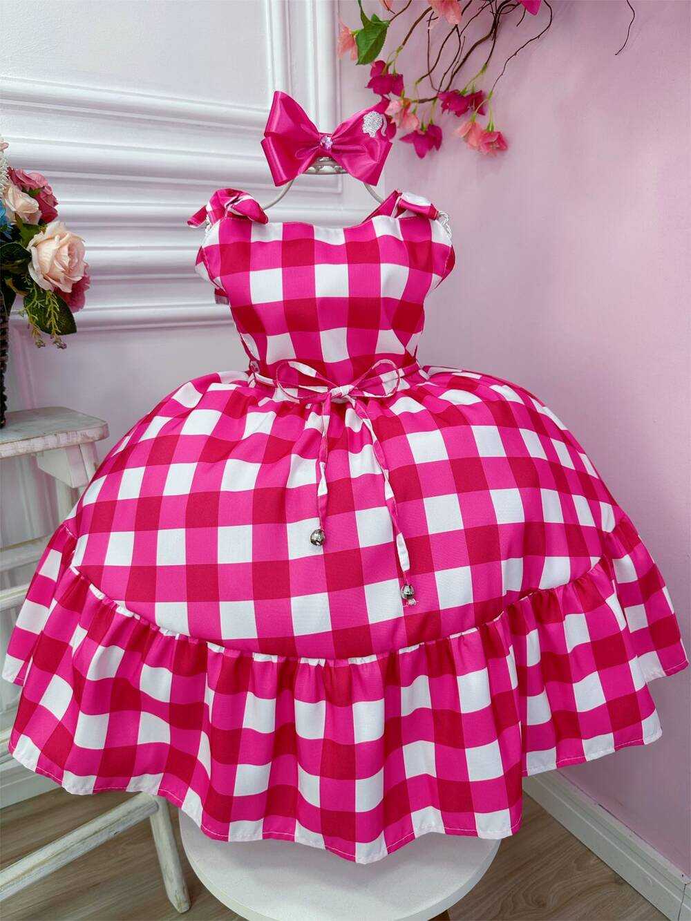 Vestido Infantil Barbie Xadrez Pink Com Laço