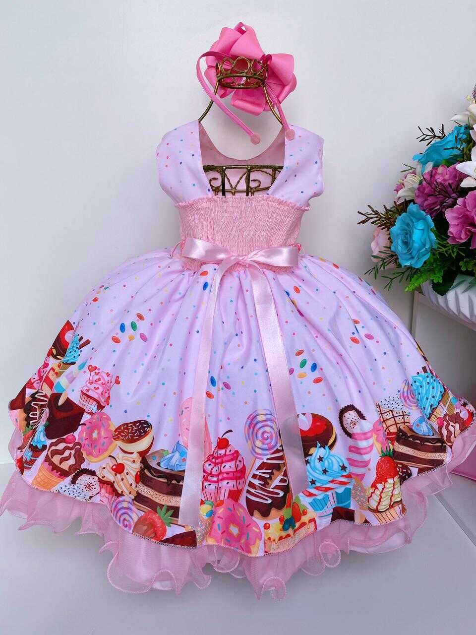 Vestido Infantil Doces Confeitaria Rosa Luxo