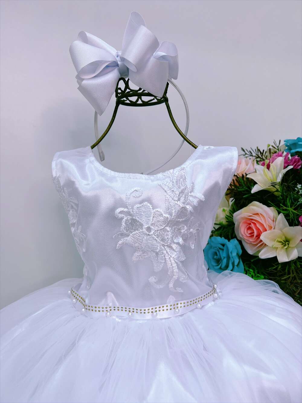 Vestido Infantil Branco Damas de Honra C/ Pérola e Strass